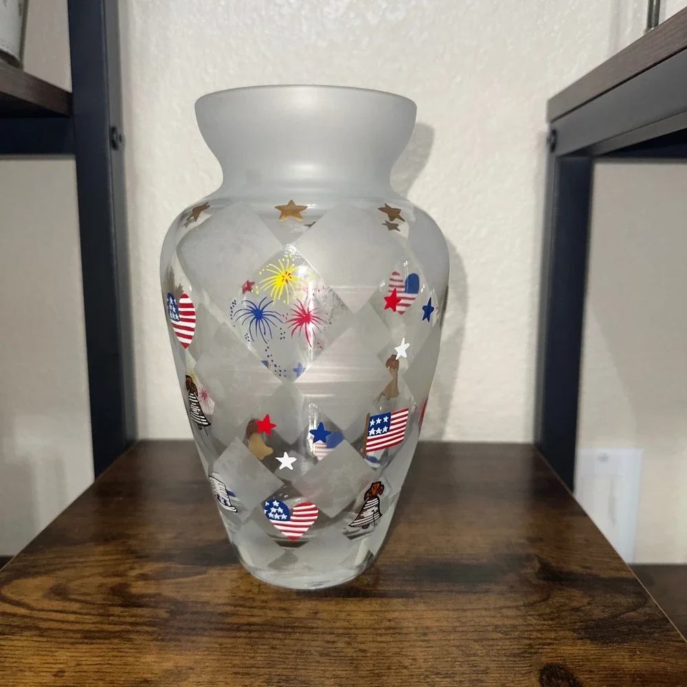 Lenox Americana Hand Painted Glass Vase Frosted Harlequin Patriotic 8.5 Inch